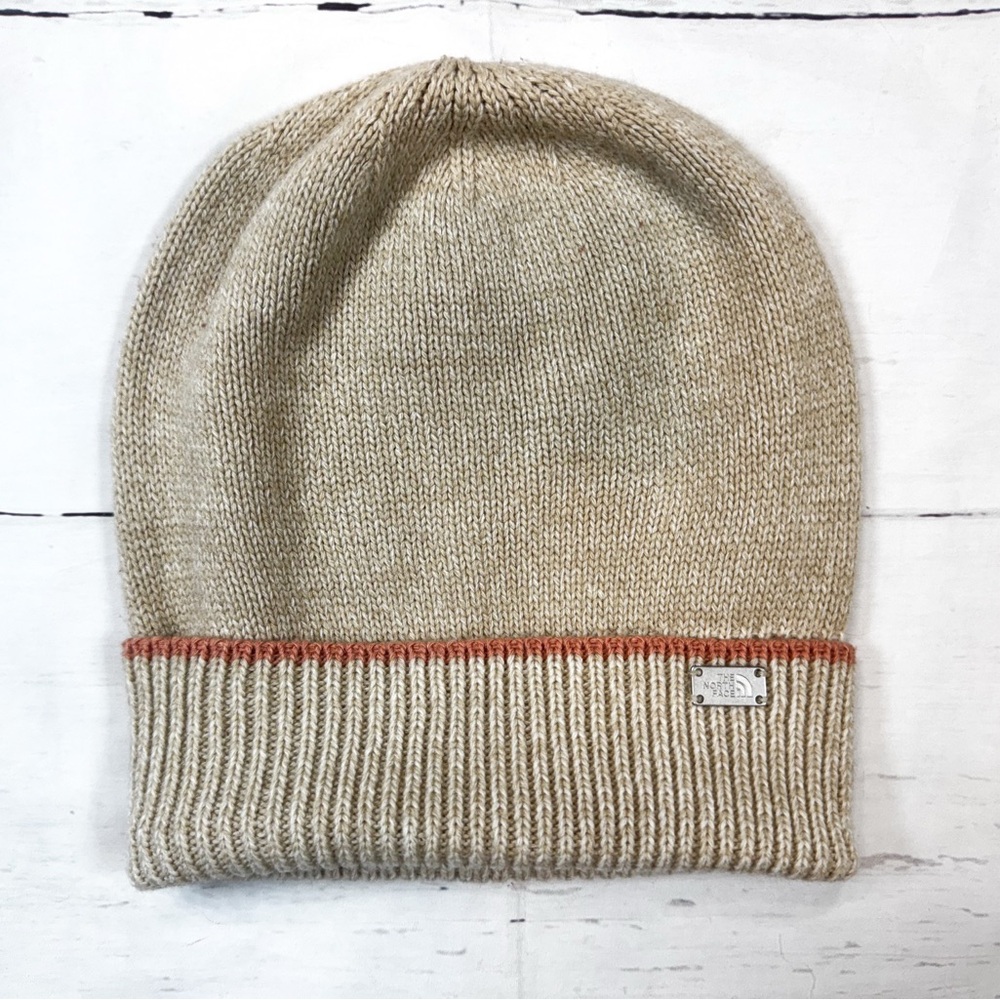 The North Face Tan Knit Beanie with Peach Trim